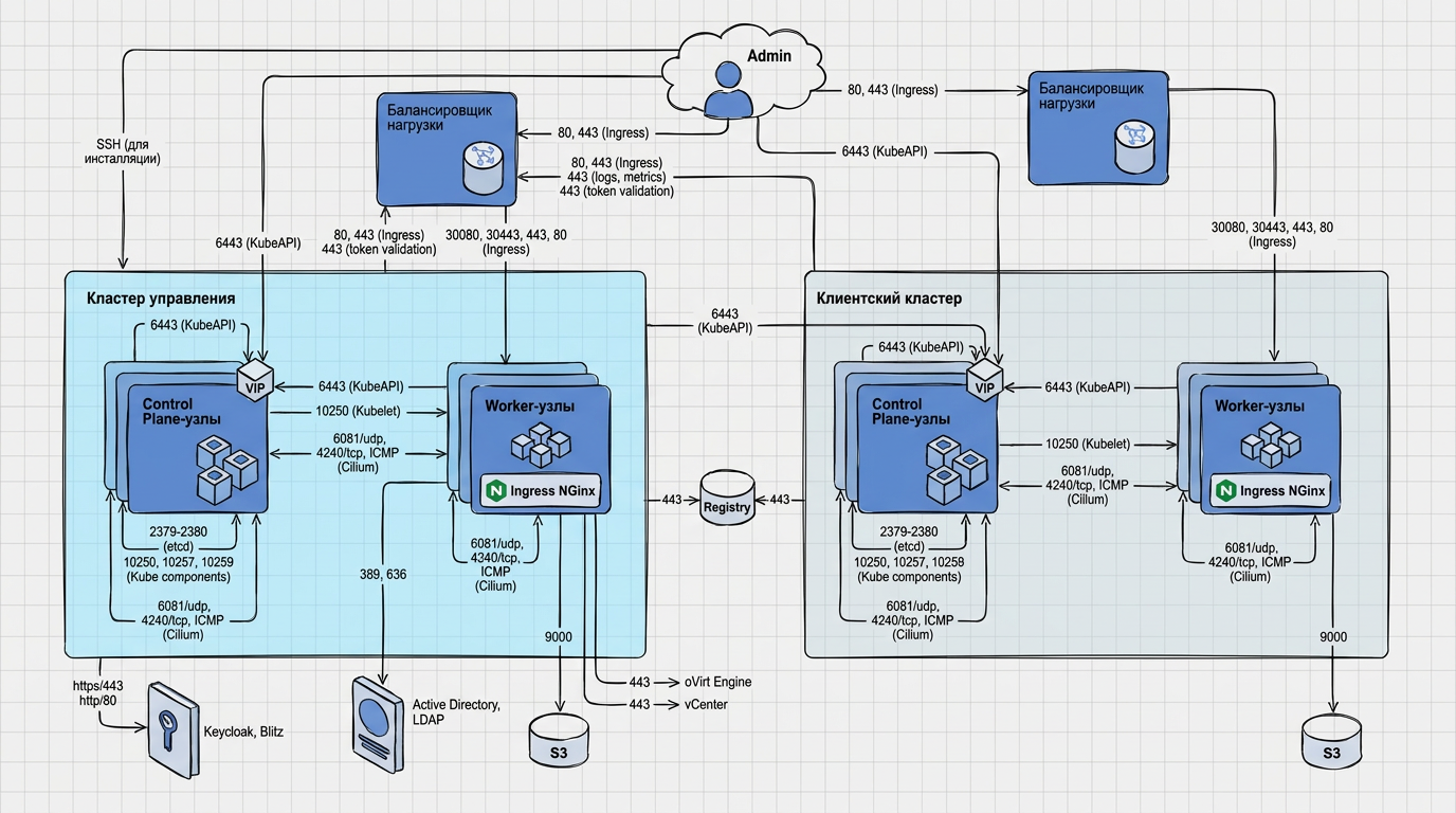 Схема oVirt и VMware vSphere: внутренний балансировщик KubeAPI, внешний Ingress