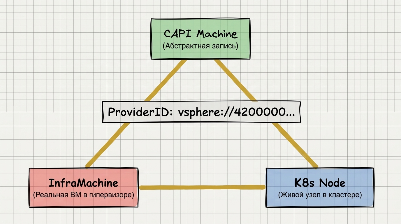 Связь абстрактной Machine, InfraMachine и узла Kubernetes через ProviderID