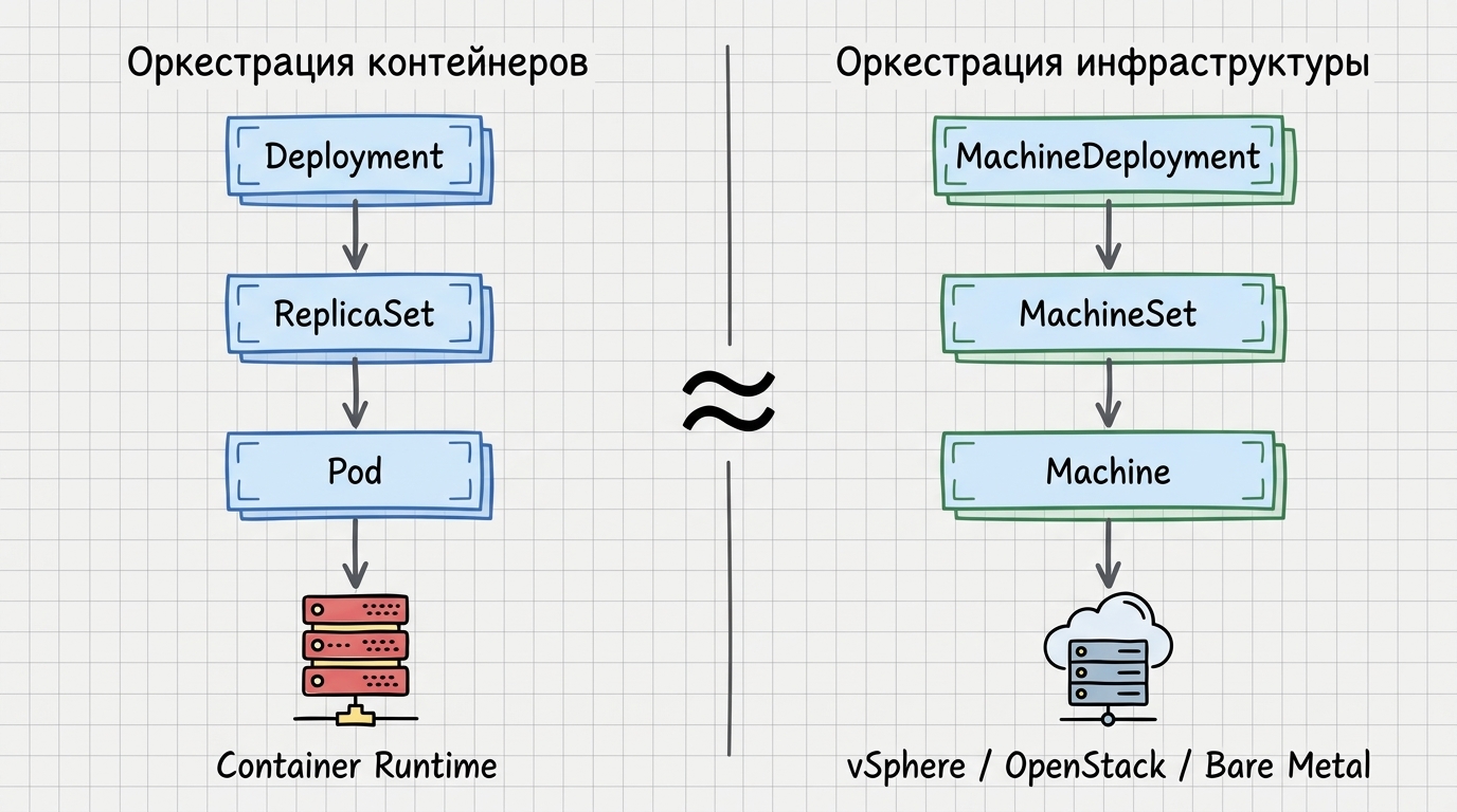 Оркестрация контейнеров и оркестрация инфраструктуры: параллель между Deployment/ReplicaSet/Pod и MachineDeployment/MachineSet/Machine