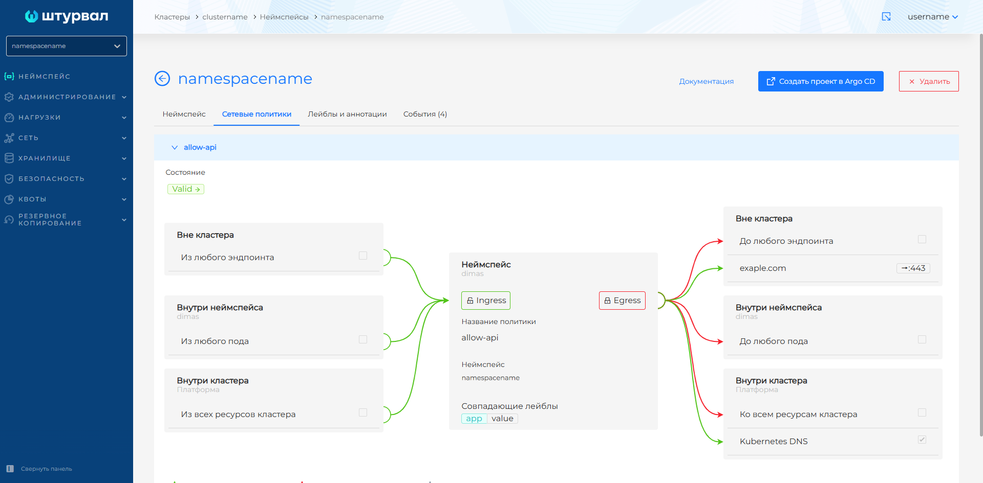 Вкладка “Сетевые политики” с политиками
